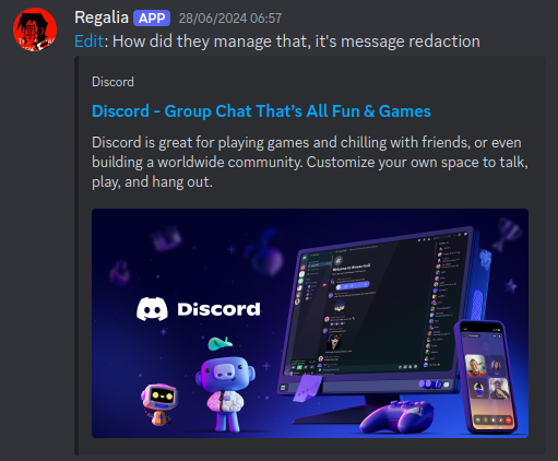 "Edit: How did they manage that, it's message redaction" with the Edit of the message content being a hyperlink to the original message, although with a link preview
